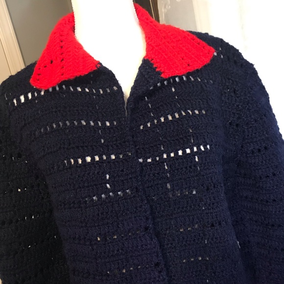 Navy Blue & Red Knit Cardigan SZ S/M - Picture 4 of 7